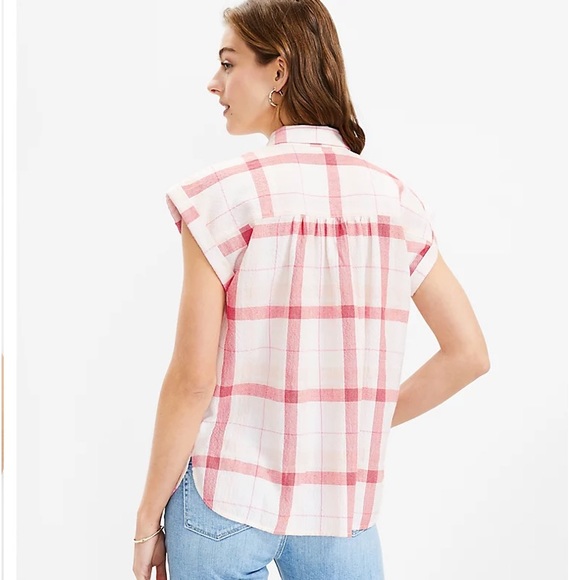 Loft - Plaid Dolman Henley Top, Red/Pink/White, size LARGE, NWOT, never worn - Picture 3 of 8
